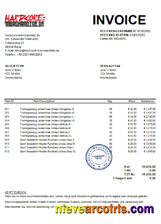 Germany Hardcore Merchandise invoice J. C. xls